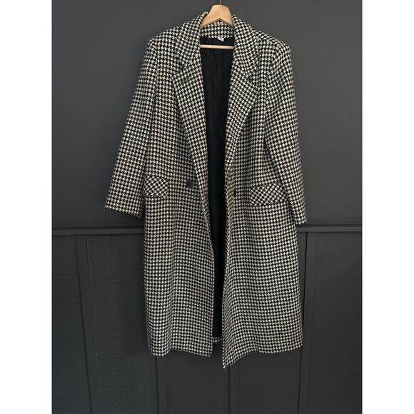 Vintage Jackets & Blazers - Vintage Houndstooth Wool Good Work Clothes Long Coat Black White Size 12